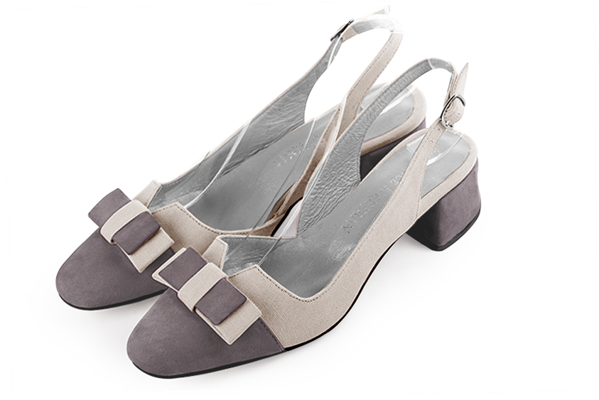 Pebble grey and light silver women's open back shoes, with a knot. Round toe. Low flare heels. Front view - Florence KOOIJMAN
